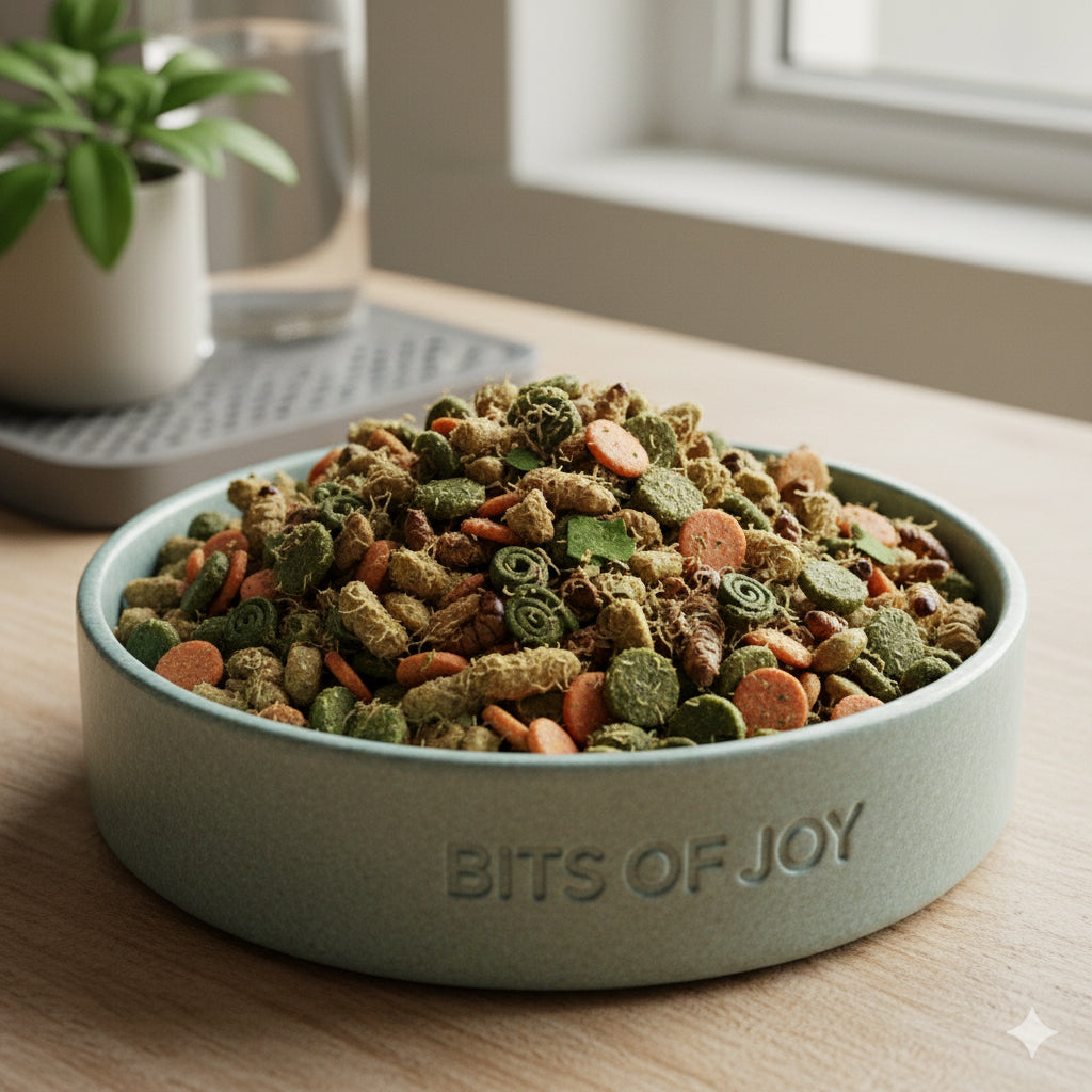 Dog bowl filled with innovative alternative protein pet food, featuring insect-based pellets and plant ingredients.